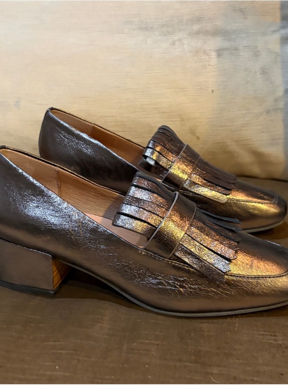 gentle souls Metallic Black Fringe Block Heel Loafers
